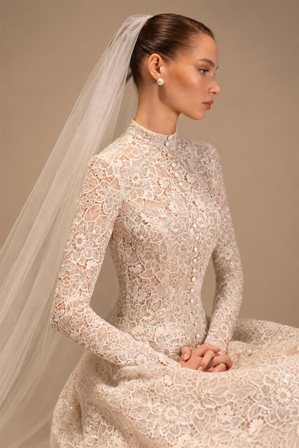 Luxury Champagne High Neck Long Sleeve Lace A-Line Wedding Dress with Buttons ZP079