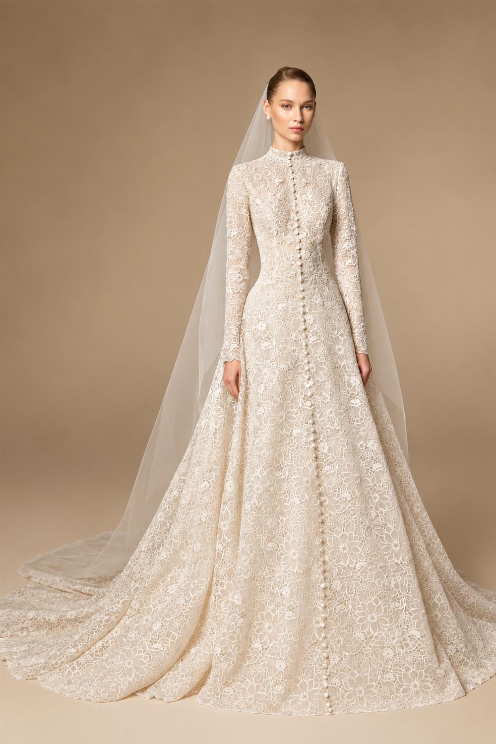 Luxury Champagne High Neck Long Sleeve Lace A-Line Wedding Dress with Buttons ZP079