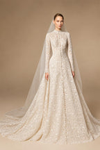 Luxury Champagne High Neck Long Sleeve Lace A-Line Wedding Dress with Buttons ZP079