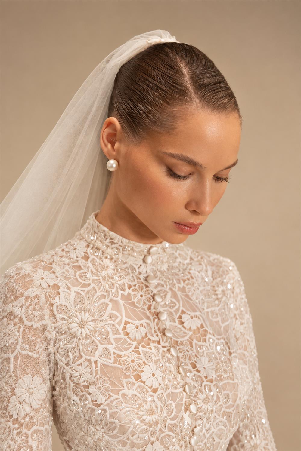 Luxury Champagne High Neck Long Sleeve Lace A-Line Wedding Dress with Buttons ZP079