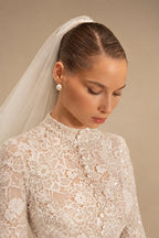 Luxury Champagne High Neck Long Sleeve Lace A-Line Wedding Dress with Buttons ZP079
