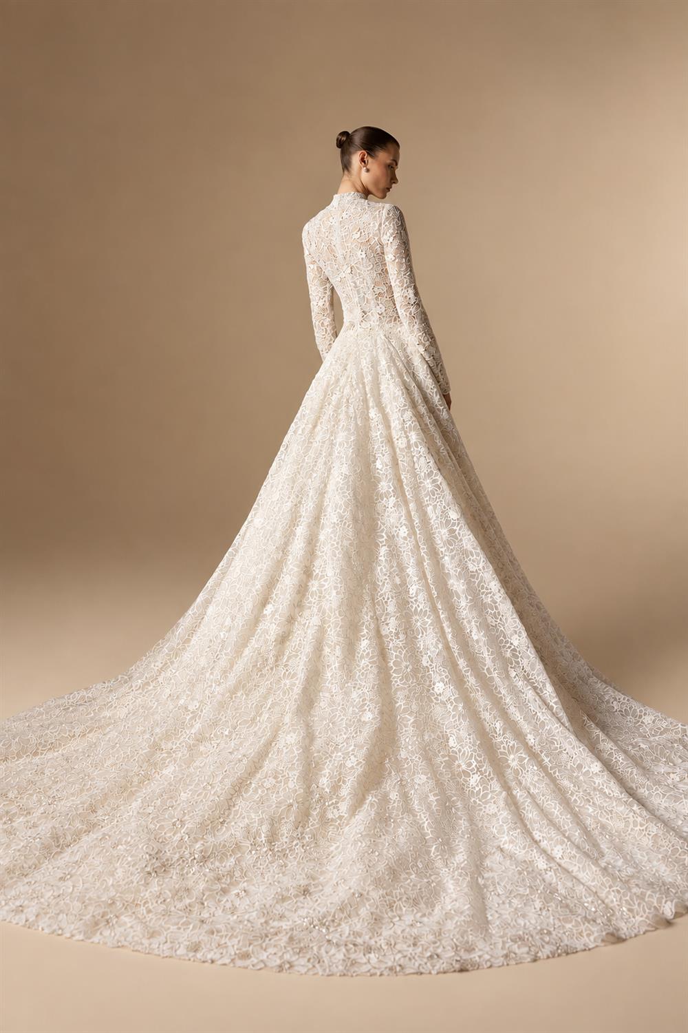 Luxury Champagne High Neck Long Sleeve Lace A-Line Wedding Dress with Buttons ZP079