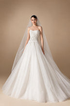 Elegant White Strapless Bodice Crystal Ball Gown Wedding Dress with Veil ZP080