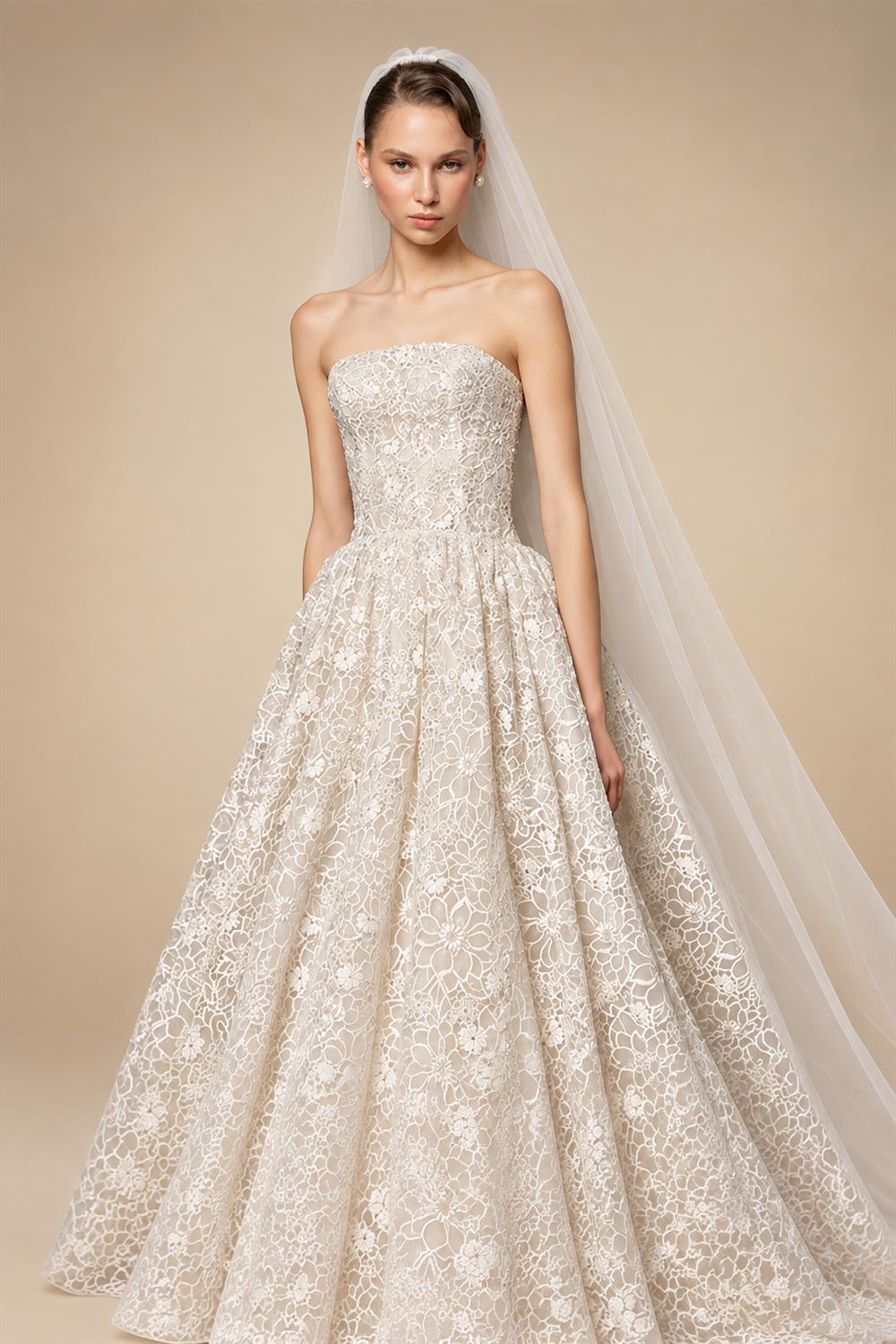 Regal Champagne Strapless Allover Lace Ball Gown Wedding Dress with Veil ZP081