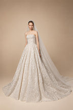 Regal Champagne Strapless Allover Lace Ball Gown Wedding Dress with Veil ZP081