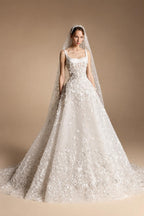 Luxury White Square Neck Beaded Floral Lace Ball Gown Wedding Dress with Veil ZP082