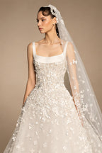 Luxury White Square Neck Beaded Floral Lace Ball Gown Wedding Dress with Veil ZP082