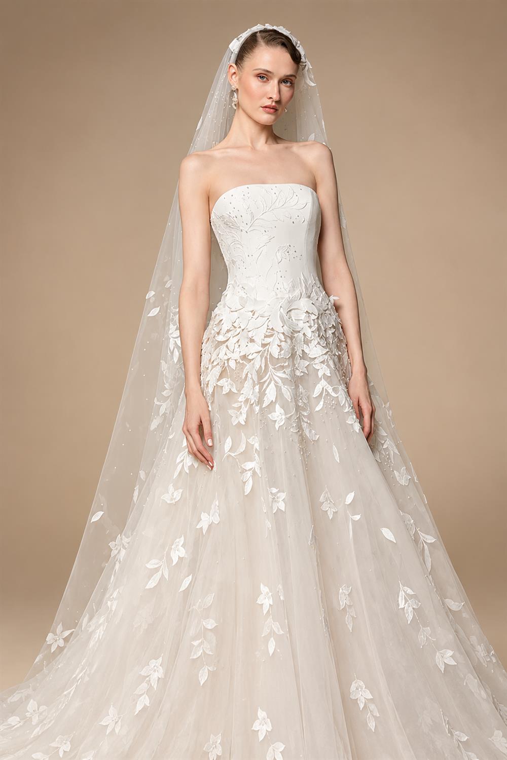 Dreamy Ivory Strapless Floral Lace Mermaid Train Wedding Dress with Veil ZP083