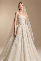 Romantic Champagne Strapless Floral Lace Tulle A-Line Wedding Dress with Veil ZP084