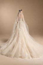 Romantic Champagne Strapless Floral Lace Tulle A-Line Wedding Dress with Veil ZP084