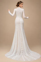 Elegant Ivory High Neck Sheer Lace Long Sleeves Mermaid Wedding Dress with Veil ZP085