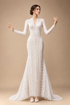 Elegant Ivory High Neck Sheer Lace Long Sleeves Mermaid Wedding Dress with Veil ZP085