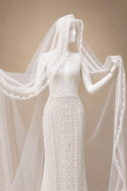 Elegant Ivory High Neck Sheer Lace Long Sleeves Mermaid Wedding Dress with Veil ZP085