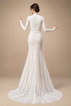 Elegant Ivory High Neck Sheer Lace Long Sleeves Mermaid Wedding Dress with Veil ZP085