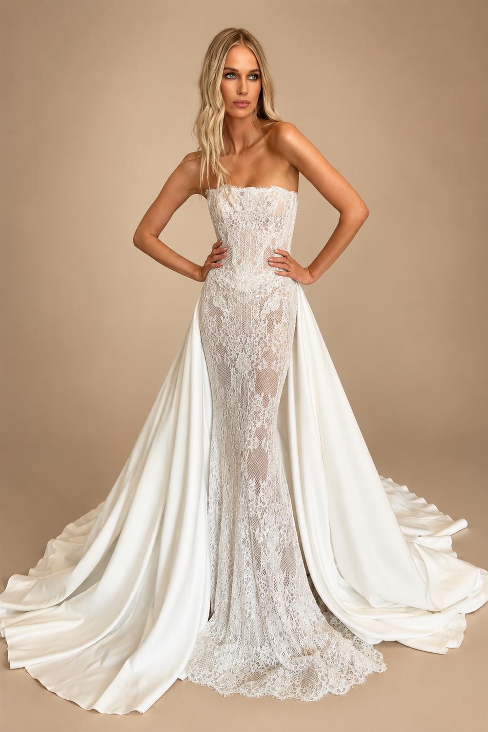 Luxury White Strapless Lace Mermaid Wedding Dress with Overskirt ZP086