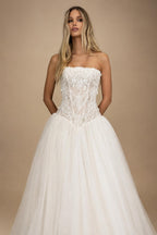 Dreamy White Strapless Lace Corset Bodice Tulle Ball Gown Wedding Dress ZP088