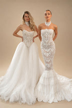 Elegant White Strapless Sheer Lace Mermaid Wedding Dress with Neckwear ZP089