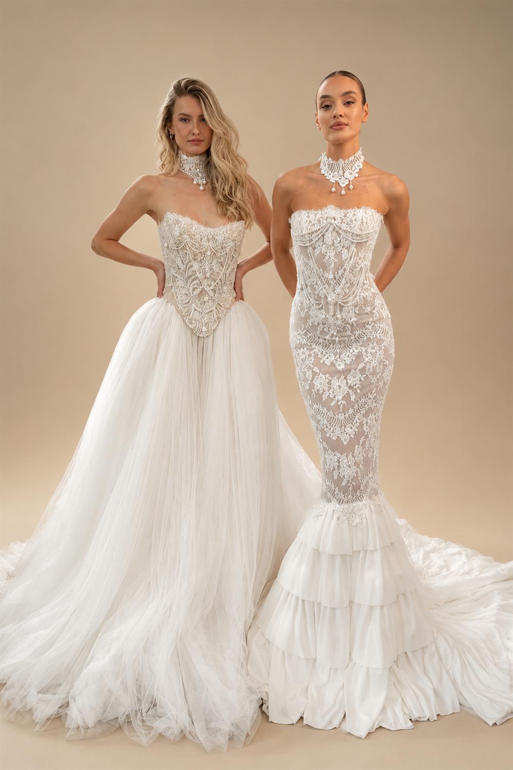 Elegant White Strapless Sheer Lace Mermaid Wedding Dress with Neckwear ZP089