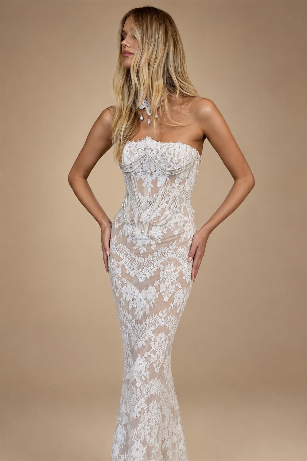 Elegant White Strapless Sheer Lace Mermaid Wedding Dress with Neckwear ZP089