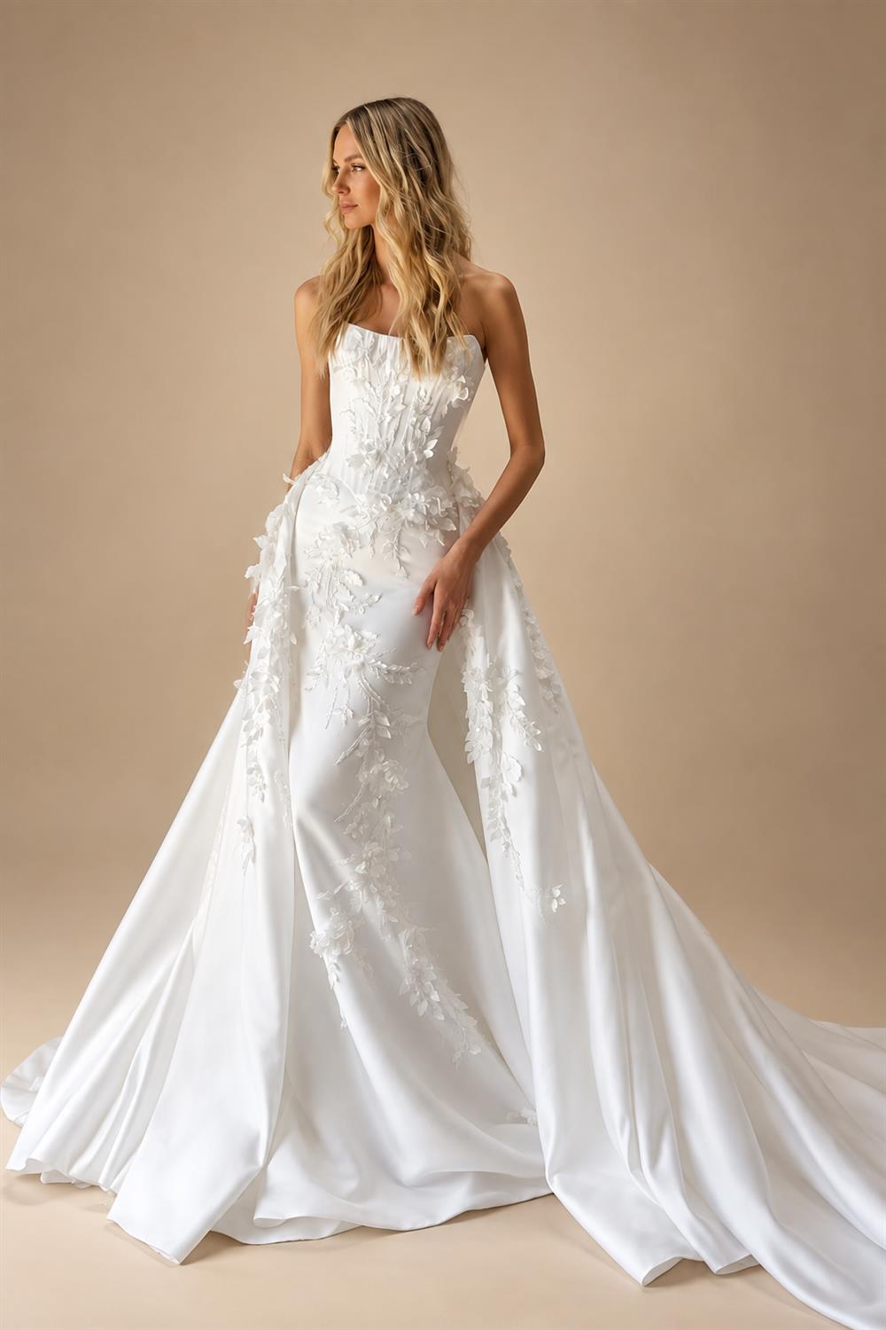 Romantic White Strapless 3D Floral Lace Mermaid Wedding Dress with Overskirt ZP090