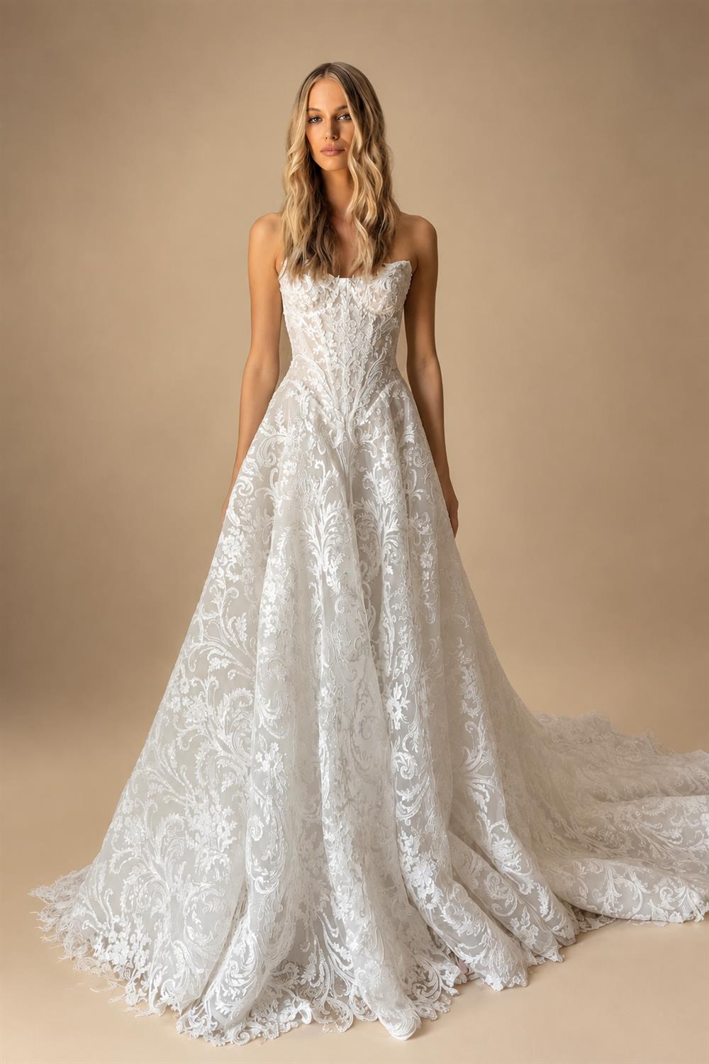 Vintage White Strapless Lace A-Line Wedding Dress with Scalloped Train ZP092