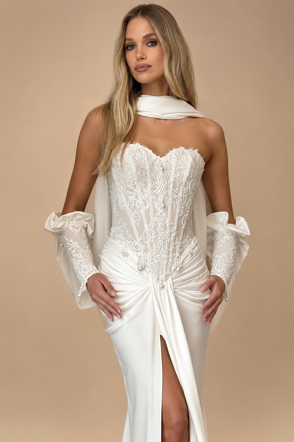 Modern White Strapless Satin High Slit Mermaid Wedding Dress with Scarf ZP093