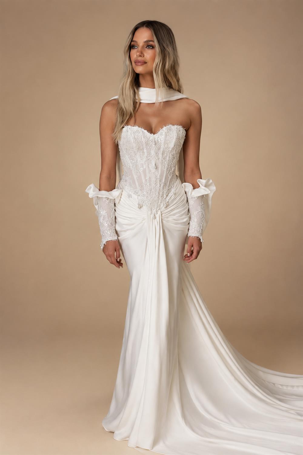 Modern White Strapless Satin High Slit Mermaid Wedding Dress with Scarf ZP093