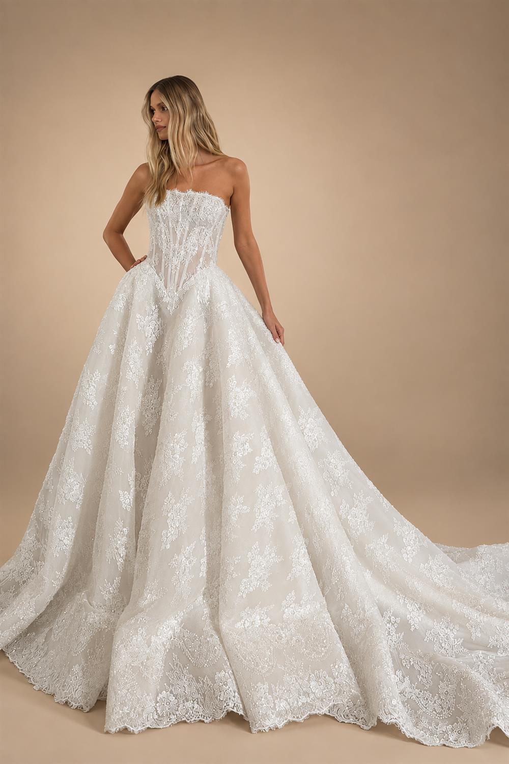 Regal White Strapless Sequin Sheer Lace Ball Gown Wedding Dress ZP097