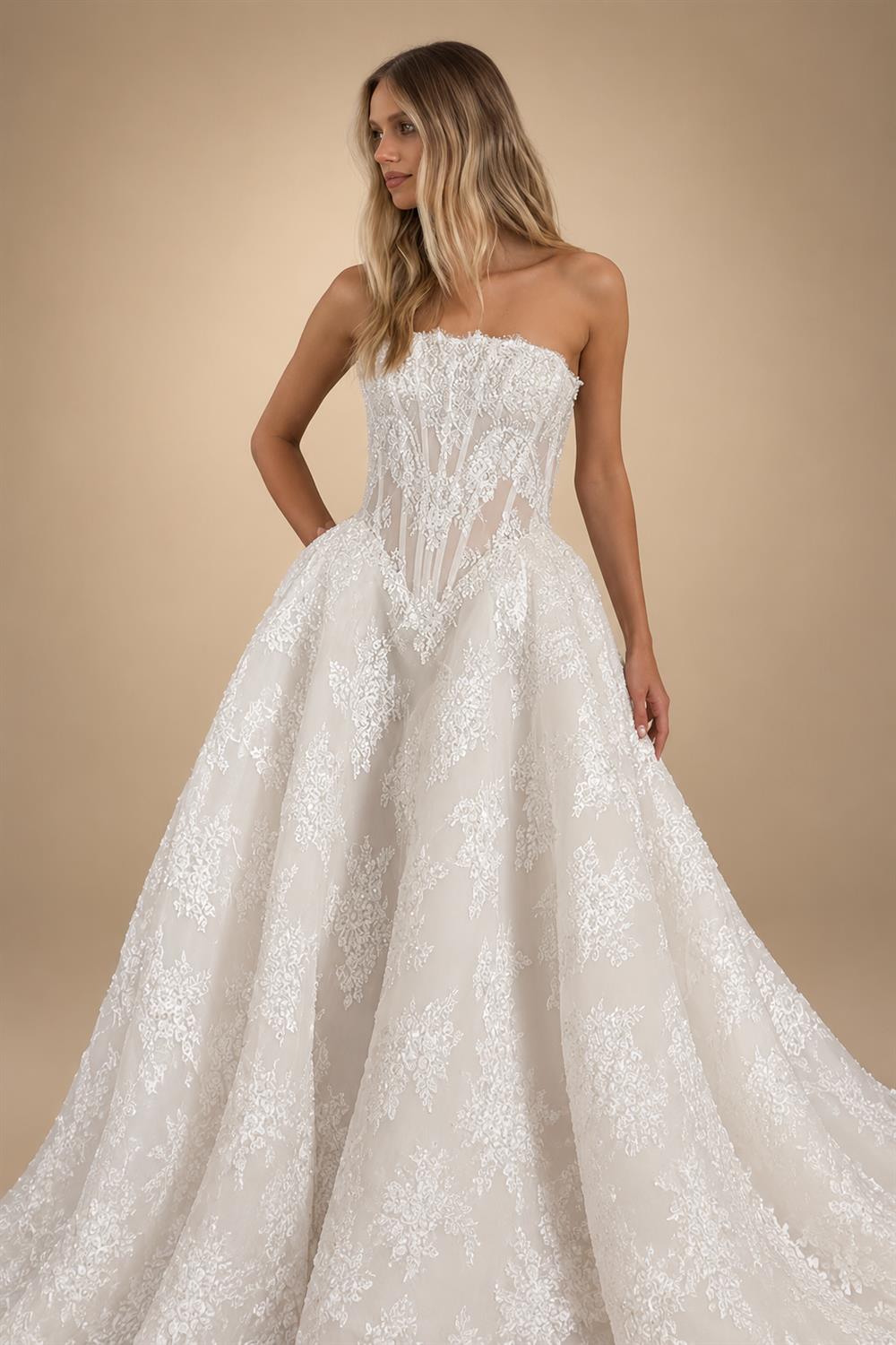 Regal White Strapless Sequin Sheer Lace Ball Gown Wedding Dress ZP097