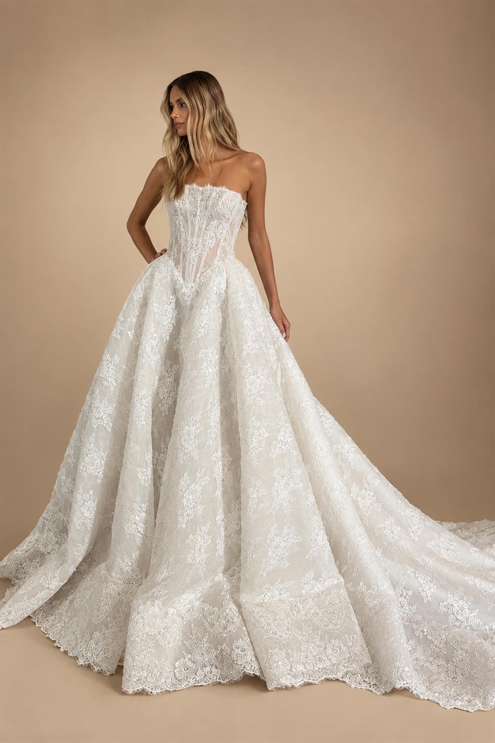 Regal White Strapless Sequin Sheer Lace Ball Gown Wedding Dress ZP097