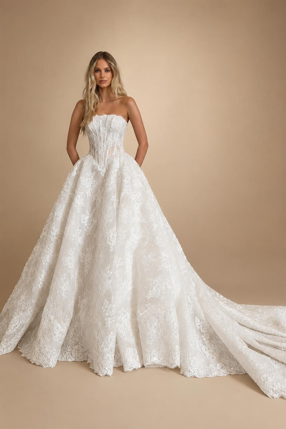 Regal White Strapless Sequin Sheer Lace Ball Gown Wedding Dress ZP097