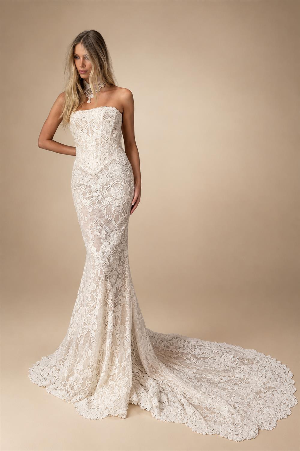 Luxury Ivory Strapless Lace Printed Mermaid Wedding Dress ZP098
