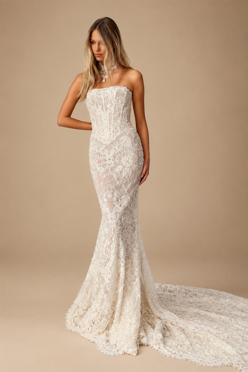 Luxury Ivory Strapless Lace Printed Mermaid Wedding Dress ZP098