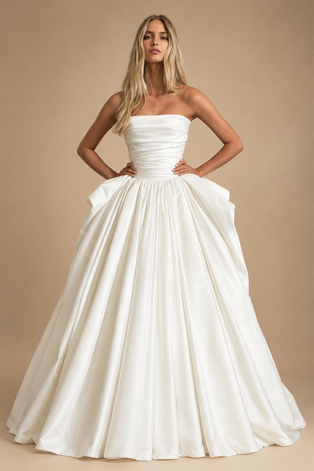Luxury White Strapless Ruched Satin Ball Gown Wedding Dress ZP099