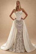 Elegant Ivory Strapless Beaded Corset Lace Mermaid Wedding Dress with Overskirt ZP101