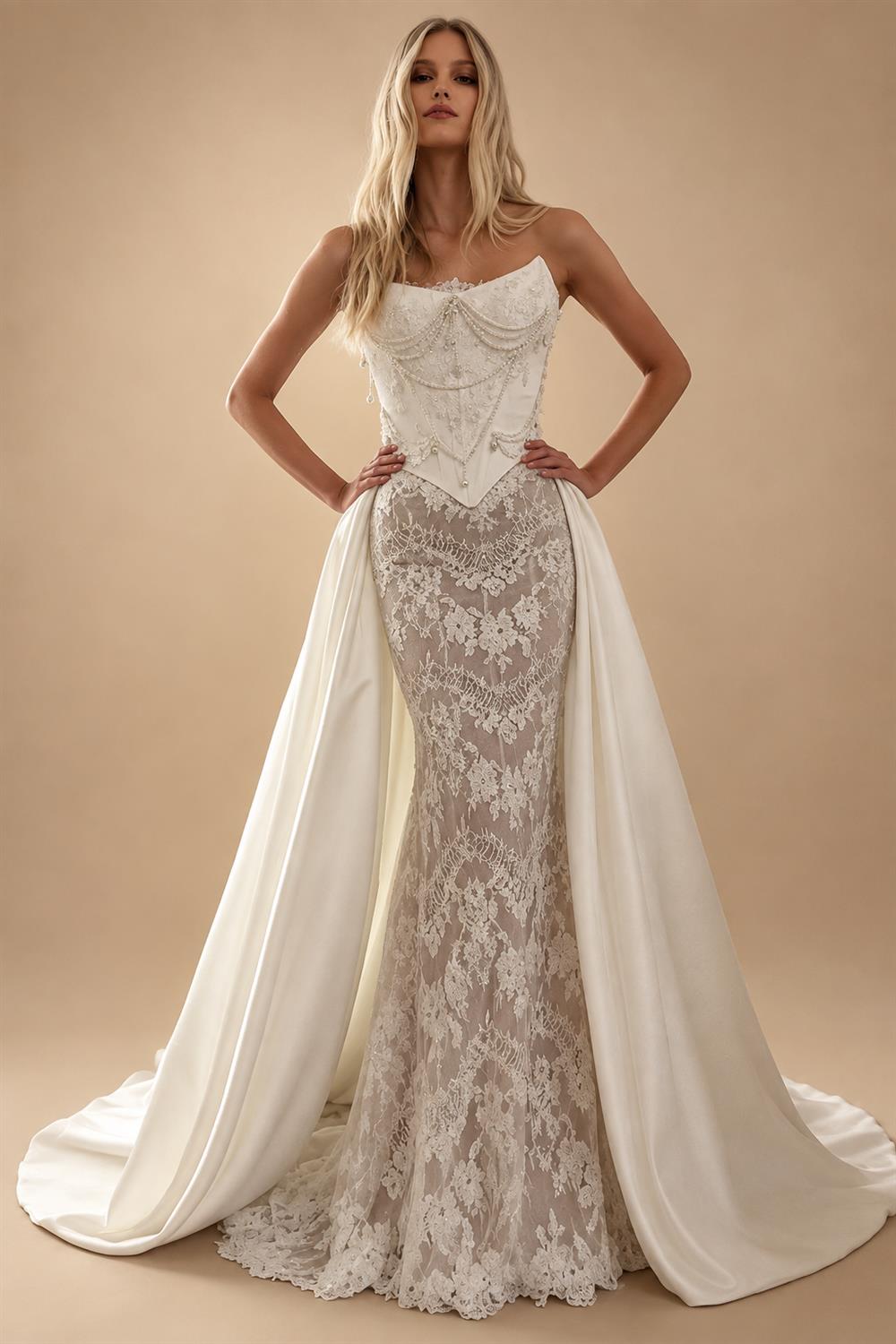 Elegant Ivory Strapless Beaded Corset Lace Mermaid Wedding Dress with Overskirt ZP101