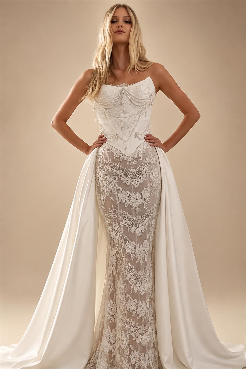 Elegant Ivory Strapless Beaded Corset Lace Mermaid Wedding Dress with Overskirt ZP101