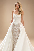 Elegant Ivory Strapless Beaded Corset Lace Mermaid Wedding Dress with Overskirt ZP101