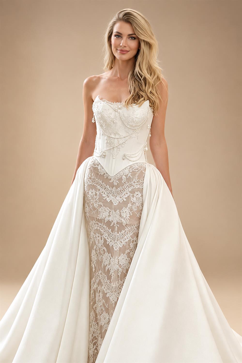Elegant Ivory Strapless Beaded Corset Lace Mermaid Wedding Dress with Overskirt ZP101