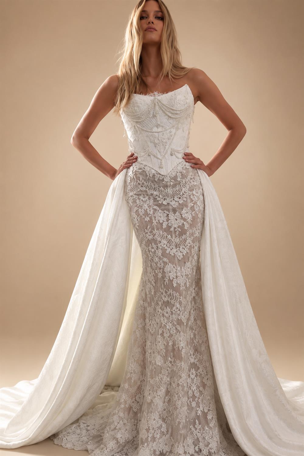 Elegant Ivory Strapless Beaded Corset Lace Mermaid Wedding Dress with Overskirt ZP101