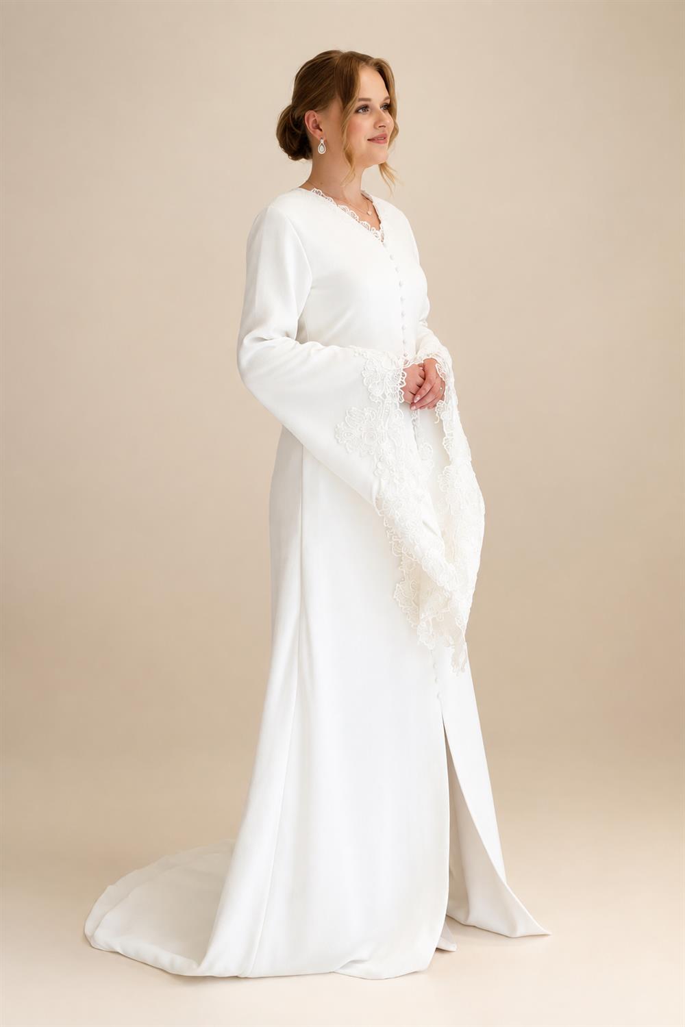 Elegant White Pearl High Neck Long Sleeve Wedding Dress with Veil ZP102