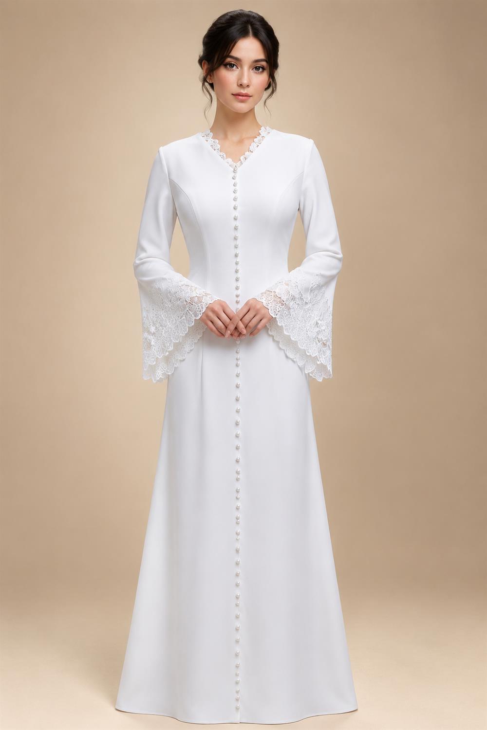 Elegant White Pearl High Neck Long Sleeve Wedding Dress with Veil ZP102
