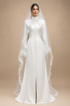 Elegant White Pearl High Neck Long Sleeve Wedding Dress with Veil ZP102