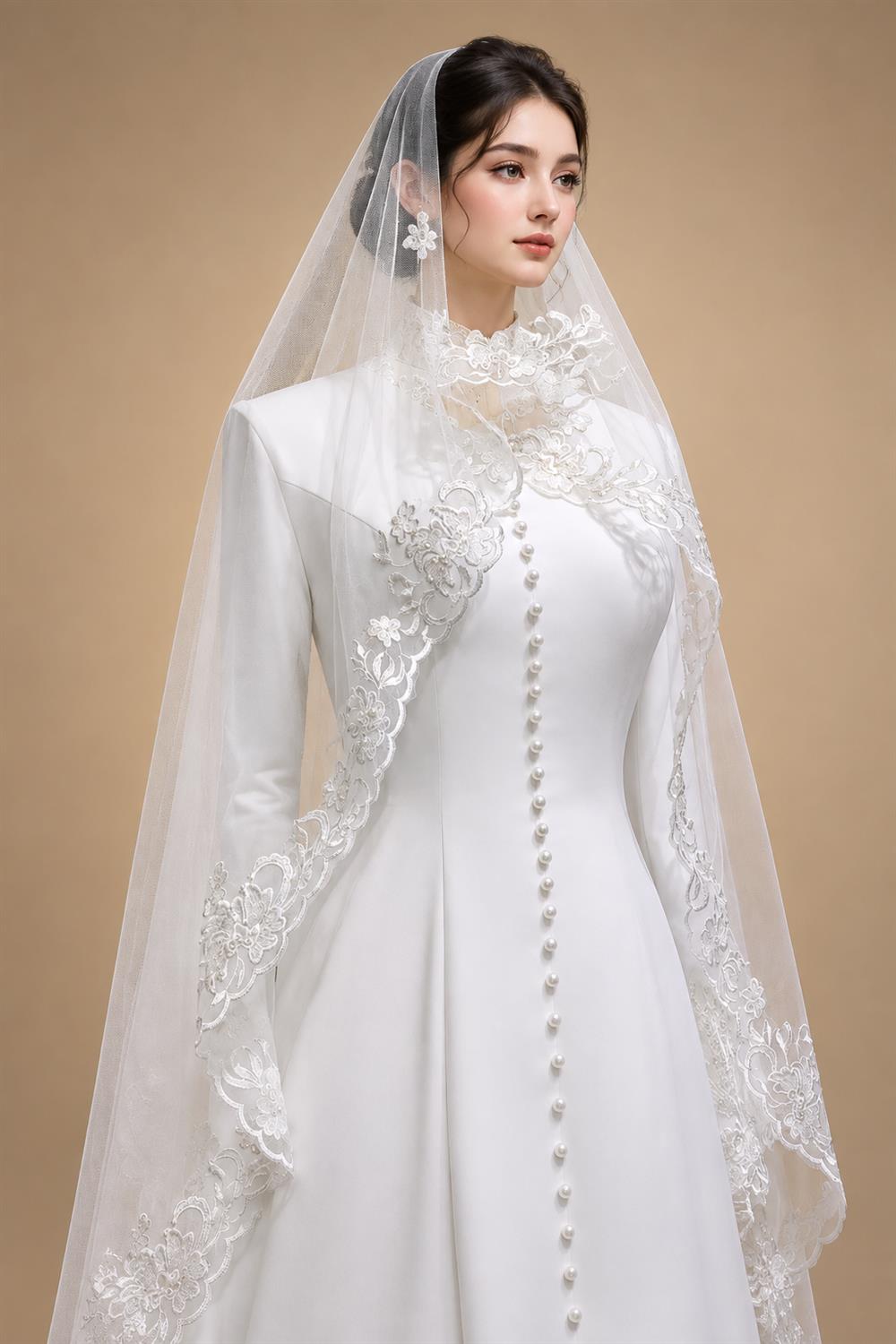 Elegant White Pearl High Neck Long Sleeve Wedding Dress with Veil ZP102