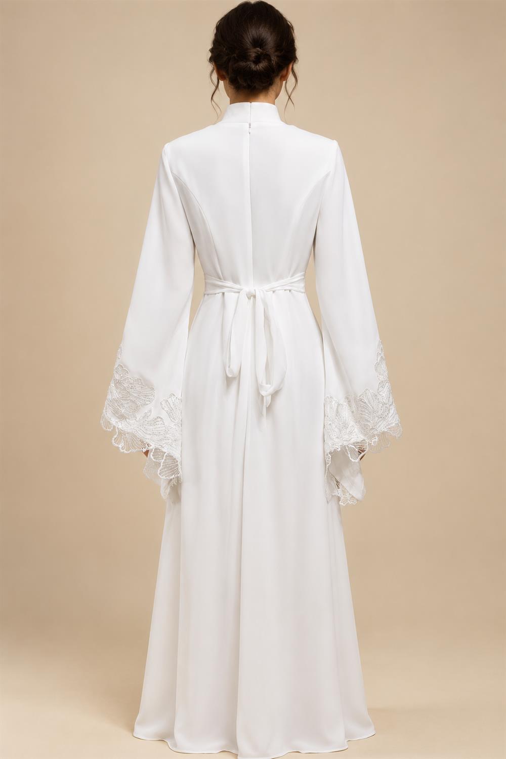 Elegant White Pearl High Neck Long Sleeve Wedding Dress with Veil ZP102