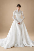 Elegant White Lace High Neck Long Sleeve A-Line Wedding Dress ZP103