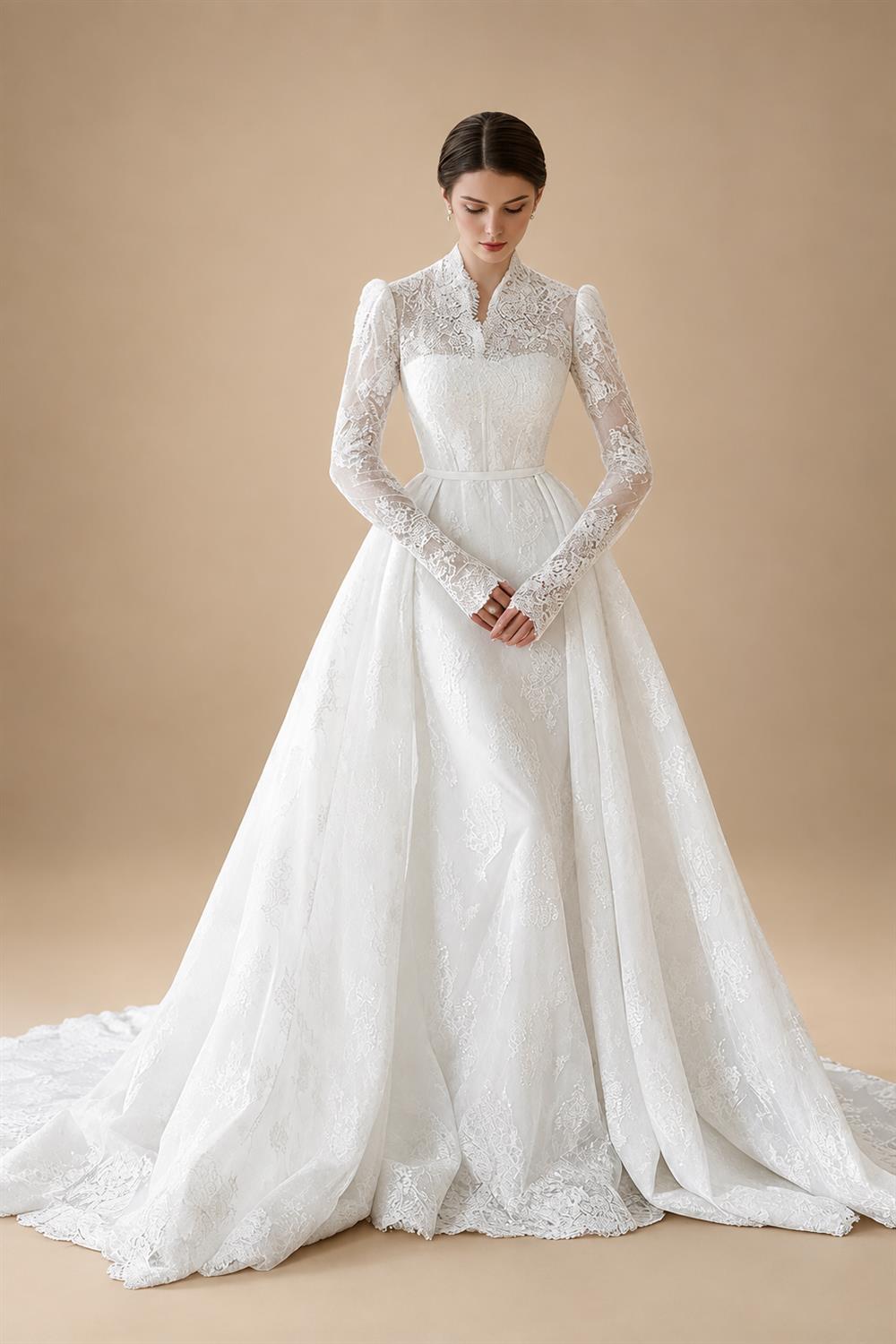 Elegant White Lace High Neck Long Sleeve A-Line Wedding Dress ZP103
