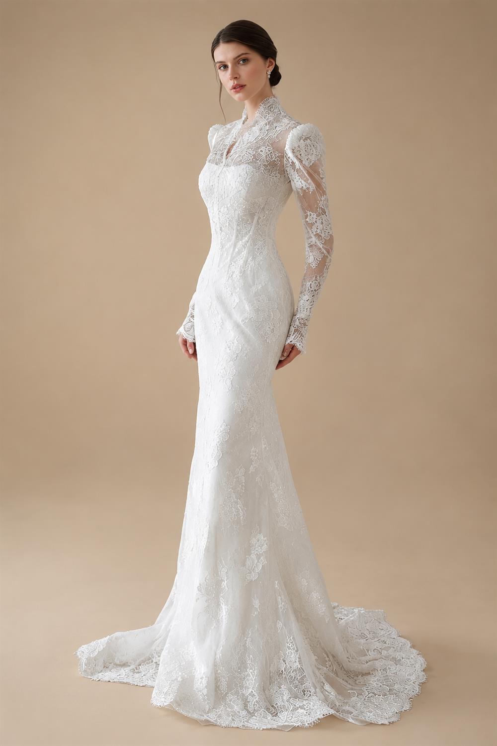 Elegant White Lace High Neck Long Sleeve A-Line Wedding Dress ZP103
