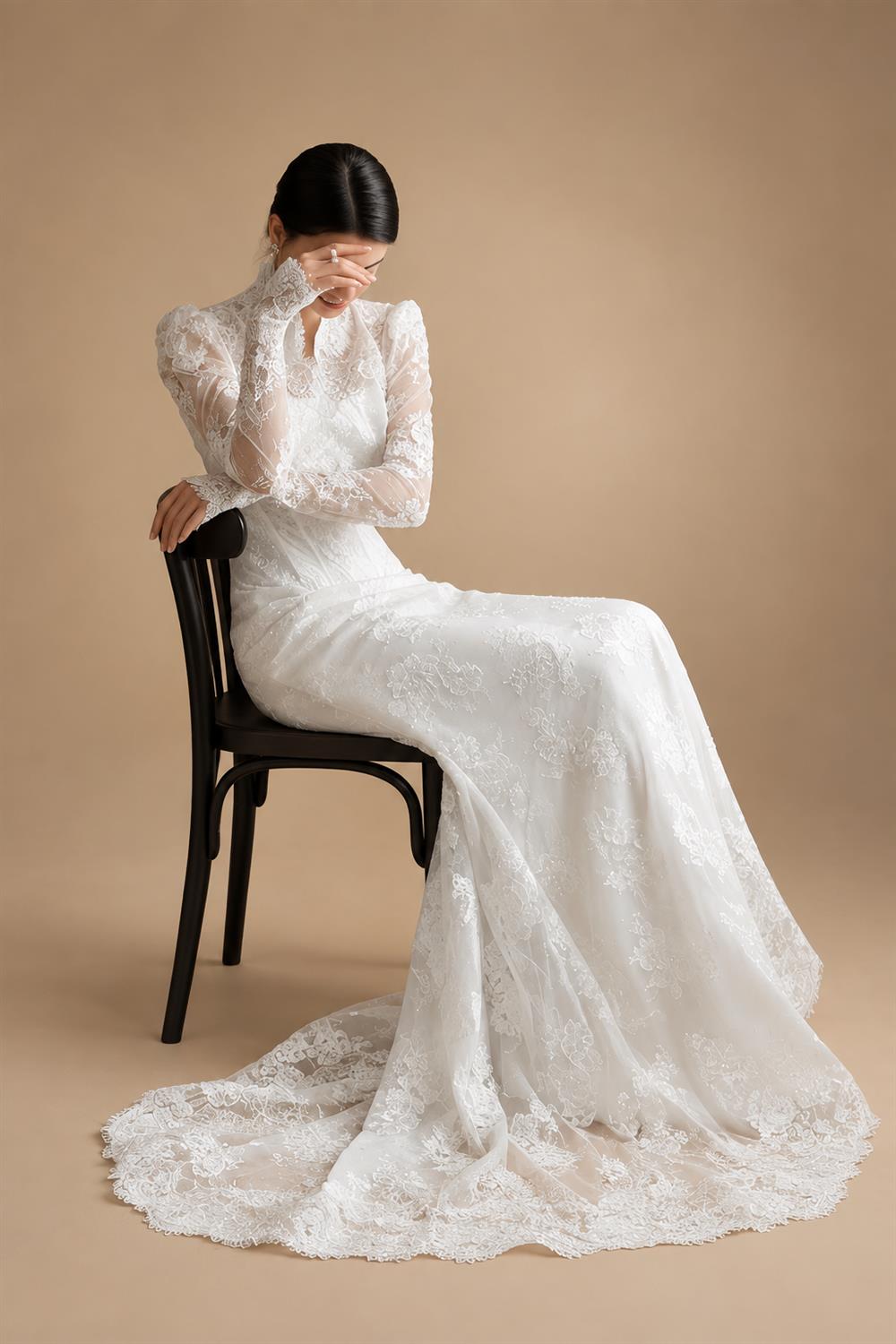 Elegant White Lace High Neck Long Sleeve A-Line Wedding Dress ZP103