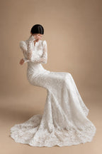 Elegant White Lace High Neck Long Sleeve A-Line Wedding Dress ZP103